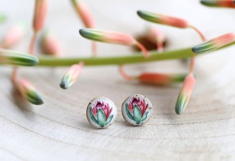 Protea Clay Earrings, Protea Polymer Clay Earrings, Protea Earrings, Protea Flowers, Protea Flower, Personalized Gift Cards, Gift Idea For Women, Porcelain Earrings, Steel Gifts