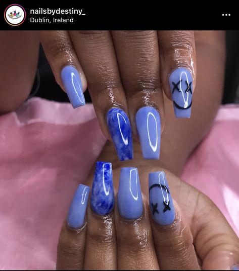 Funky Blue Nail Designs, Hoco Blue Nails, Sky Blue Nails Short, Short Blue Acrylic Nails, Cornflower Blue Nails, Sky Blue Nails, Blue Acrylic Nails, French Nail Designs, Blue Nail Designs