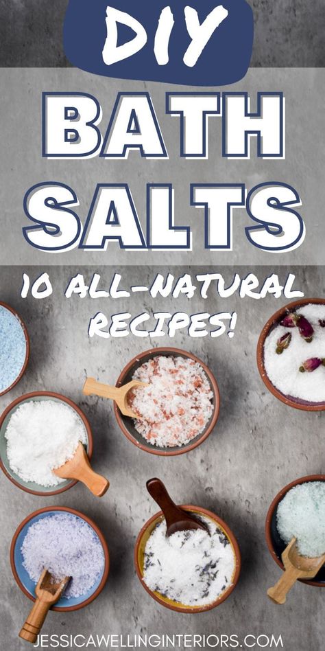 Make homemade bath salts with all-natural ingredients to enjoy yourself or to give as gifts. They're perfect for Christmas, Mother's Day and Valentine's Day, with rose buds, essential oils, Dead Sea salt, Himalayan salt, and more! Diy Bath Salts With Essential Oils, Bath Salt Recipe, Bath Salts Diy Recipes, Homemade Bath Salts Recipe, Diy Bath Salts, Homemade Bath Salts, Salt Recipes, Bath Salts Gift, Bath Salts Recipe