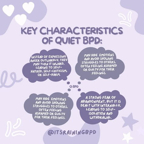 let’s talk about quiet bpd! Quiet Borderline Personality Disorder (BPD) often goes unnoticed due to its subtle symptoms, but understanding it is crucial for fostering empathy and support. Educating ourselves and others about Quiet BPD can help break the stigma, promote compassion, and provide the necessary support for those silently suffering💜 — check out the 🔗 in my bye-oh for free bpd resources! (workbooks, dbt worksheets, workbooks for loved ones with bpd, all free!) — feel free 2 ‘gard... Bpdcore Aesthetic, Silently Suffering, Quiet Border Line Personality Disorder, Bpd Disorder, Bpd Symptoms, Break The Stigma, Self Help Skills, Borderline Personality, Mental Health Advocate