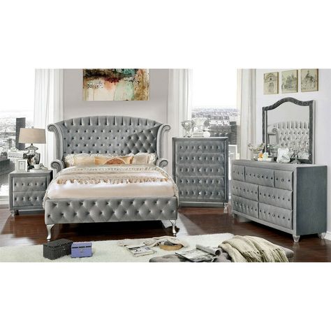 Grey Bedroom Set, King Upholstered Platform Bed, Upholstered Bedroom Set, 5 Piece Bedroom Set, Platform Bedroom Sets, Eastern King Bed, Upholstered Bedroom, Lit King Size, Wingback Headboard