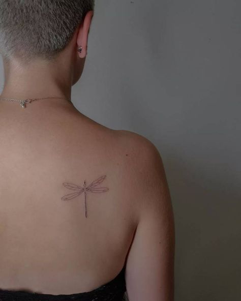 Line Dragonfly Tattoo, Fine Line Dragonfly, Fine Line Dragonfly Tattoo, Shoulder Blade Tattoo, Dragonfly Tattoo Design, Dragonfly Tattoo, Little Tattoos, Fine Line Tattoos, Tattoo Placement