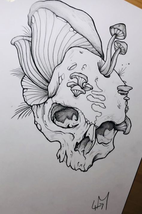 #mushrooms #tattooideas #skull #skullart #skeleton #sketch #pencilart #pencilsketch #pencildrawings #blackandwhite #skulltattoos Mushroom And Skull Drawing, Scary Skull Sketch, Mushroom Skeleton Art, Skull Mushroom Drawing, Skull With Mushrooms Drawing, Mushroom Skull Drawing, Skulls With Mushrooms, Mushroom Skull Tattoo, Skeleton With Mushrooms