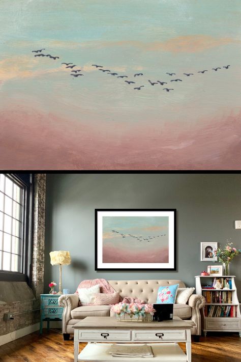 Acrylic Bird Paintings On Canvas, Flock Of Birds Painting, Birds Flying Painting, Flock Of Birds Flying, 3d Canvas Art, Bird Paintings On Canvas, Sky Home, Horizontal Painting, Flock Of Birds