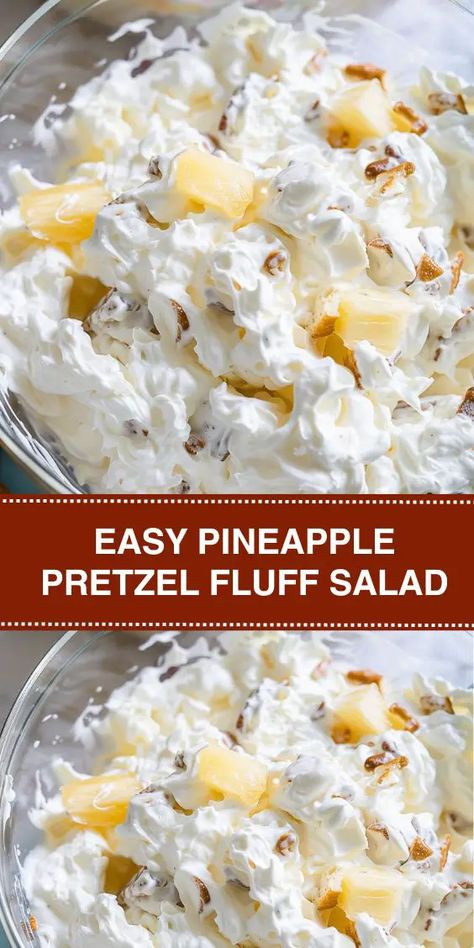 Looking for a crowd-pleasing dessert that's easy to make and bursting with flavor? Try our Easy Pineapple Pretzel Fluff Salad recipe! This delightful treat features a crunchy pretzel crust topped with a creamy mixture of Food For Reunion Easy Recipes, Creamy Pineapple Salad, Pineapple Fluff Recipe With Pretzels, Pineapple Pretzel Salad Recipe, Pineapple Fluff Recipe Cream Cheese, Pineapple Fluff Recipe Cool Whip, Fluff Desserts Cool Whip, Pretzel Crust Dessert, Pretzel Fluff Salad