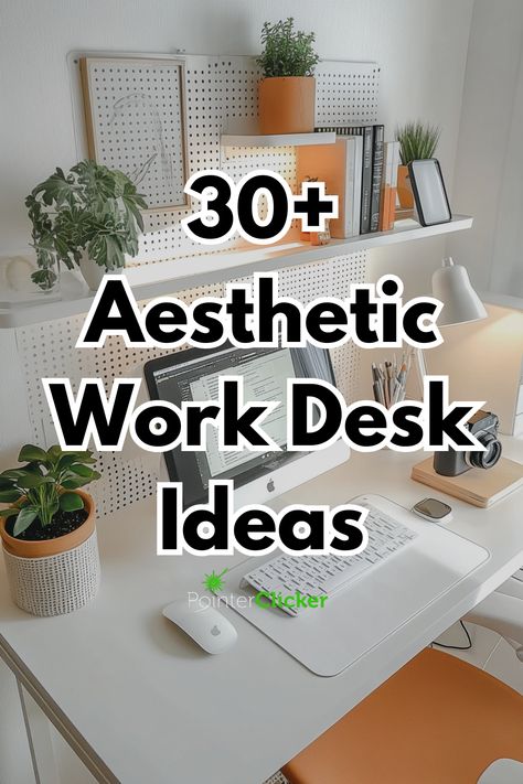 aesthetic work desk Calming Desk Setup, Desk Setup By Window, Class Desk Arrangements, Ideas For Office At Home, Above Desk Decor Ideas, Cubicle Aesthetic Inspiration, Decorating Desk At Work, How To Hide Back Of Computer Monitor, Home Work Office Ideas