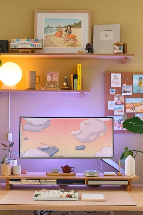 Maisy Leigh Desk, Colorful Home Office Design, Digital Creator Aesthetic, Colorful Desk Setup, Desk Office Aesthetic, Home Office Colorful, Graphic Designer Home Office, Graphic Designer Room, Office Inspo Aesthetic