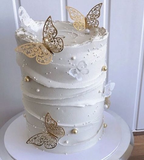 Gold And White Cake, Golden Birthday Cakes, Birthday Cake Roses, Modern Birthday Cakes, White Birthday Cakes, 18th Cake, Butterfly Birthday Cakes, Pearl Cake, Gold Birthday Cake