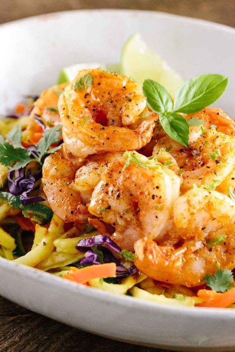 Thai Spiced Shrimp with Vegetable Noodles - Savory, spicy and addicting! A healthier way to enjoy exotic Thai flavors with a boost of nutrients in each bite. Shrimp Noodles Recipes, Thai Shrimp, Vegetable Noodles, Grape Salad, Shrimp Seasoning, Vegetable Pasta, Salad Recipes For Dinner, Shrimp Recipes, Vegetable Recipes