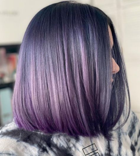 Purple Highlights for Black A-Line Lob Dark Purple Highlights, Lavender Grey Hair, Lilac Highlights, Purple Brown Hair, Purple Hair Highlights, Lavender Hair Colors, Purple Balayage, Dark Purple Hair, Hair Color Underneath