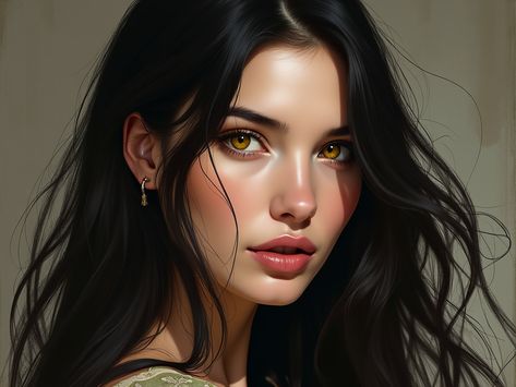 Adult female looks like Gemma Chan with long dark hair. She has golden yellow eyes and pale skin. Fantasy style. Realistic drawn digital photo. Dark Brown Hair Pale Skin Brown Eyes, Dark Brown Hair Pale Skin, Pale Skin Dark Hair, Stark Oc, Female Looks, Brown Hair Pale Skin, Dark Hair Pale Skin, Black Hair Pale Skin, Vampire Book