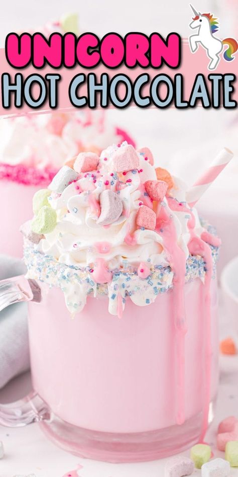 White Chocolate Drink, Unicorn Hot Chocolate Recipe, Unicorn Recipes, Drinks Nonalcoholic, Unicorn Hot Chocolate, Magical Colors, Homemade Whipped Cream Recipe, Crockpot Hot Chocolate, Unicorns And Rainbows