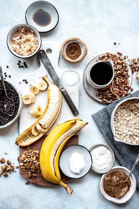 Ingredients Flatlay, Granola Photography, Banana Bread Granola, Bakery Photography, Vanilla Chia Pudding, Ingredients Photography, Toasted Coconut Chips, Granola Ingredients, Crowded Kitchen