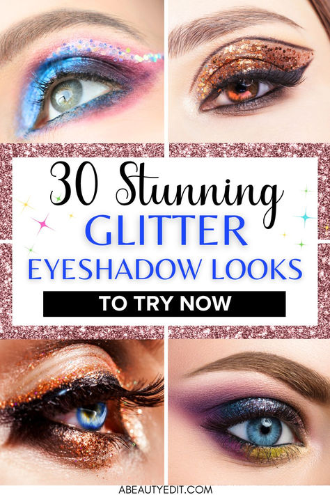 Glitter Eyeshadow Looks Glam Glitter Makeup Looks, Simple Face Glitter Ideas, Applying Glitter Eyeshadow, Smokey Glitter Eye Makeup Tutorial, Glitter Hooded Eye Makeup, Glitter Makeup For Hooded Eyes, How To Apply Glitter Eyeshadow, Glitter Eyeshadow Aesthetic, Subtle Glitter Eye Makeup