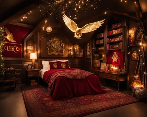 Master Bedrooms Decor Harry Potter, Harry Potter Home Decor Aesthetic, Harry Potter Bedroom Decor Ideas, Adult Harry Potter Bedroom, Harry Potter Bedroom Aesthetic, Harry Potter Dorm Room, Harry Potter Theme Room, Harry Potter Bedrooms, Harry Potter Interior Design