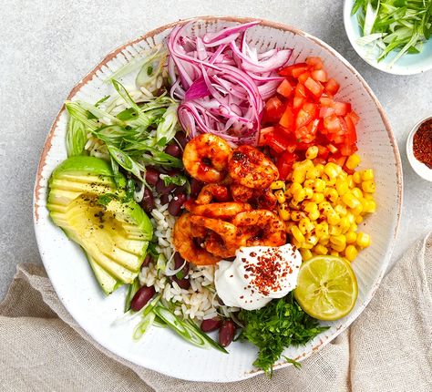 Chipotle & lime prawn burrito bowls Healthy Burrito Bowl, Chipotle Paste, Burrito Bowls, Pickled Red Onions, Burrito Bowl, Bbc Good Food Recipes, Meal Deal, Food Shows, Food Magazine