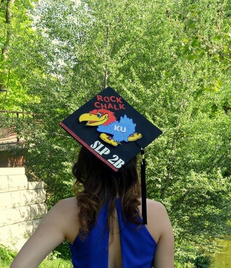 University of Kansas KU graduation cap...Rock Chalk Jayhawk! SLP 2B Cap Decoration Graduation, Kansas University, Rock Chalk Jayhawk, Rock Chalk, Grad Ideas, Grad Caps, Cap Decoration, Cap Ideas, Graduation Cap Decoration