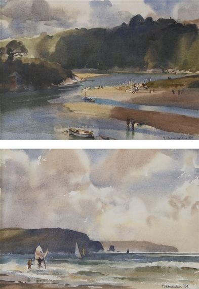 View A PAIR: SUMMERTIME IN THE AVON ESTUARY AND WINDSURFING WEATHER, DEVON (1984) By Chamberlain Trevor; watercolor on paper; each 6 3/4 by 9 3/4 in; Signed; . Access more artwork lots and estimated & realized auction prices on MutualArt. Trevor Chamberlain, Jules Breton, Watercolor Artists, European Art, Windsurfing, Watercolor On Paper, Watercolor Landscape, Art Exhibition, Devon