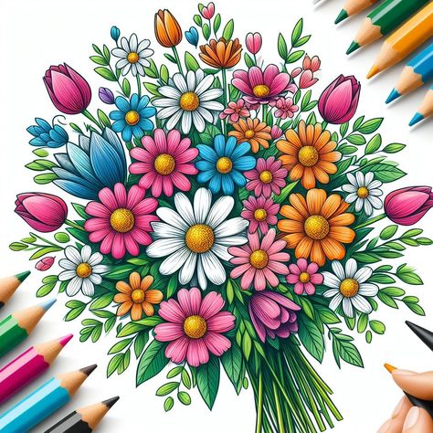 Colour Full Drawing Ideas, Coloring Flowers With Colored Pencils, Pencil Flowers, Pencil Artwork, Colored Pencil Artwork, Colored Pencil, Flower Drawing, Colorful Flowers, Adult Coloring