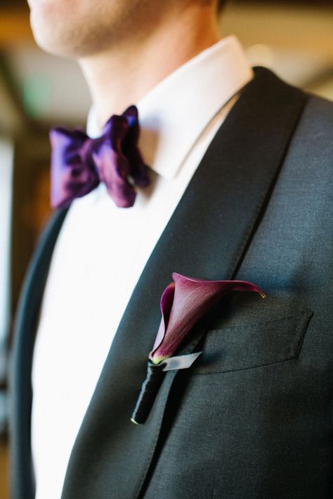 Lily Boutonniere, Boutonniere Ideas, Fall Boutonnieres, Deer Valley Utah, Calla Lily Boutonniere, Scabiosa Pods, Purple Bow Tie, Inside Weddings, Purple Bow