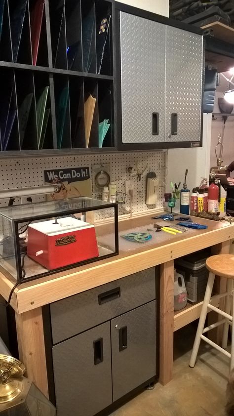 My new stained glass work area! Stained Glass Grinder Station, Stained Glass Set Up, Stained Glass Workbench, Stained Glass Studio Setup, Stained Glass Storage Ideas, Stained Glass Workshop Ideas, Glass Work Table, Stained Glass Storage, Stained Glass Workshop