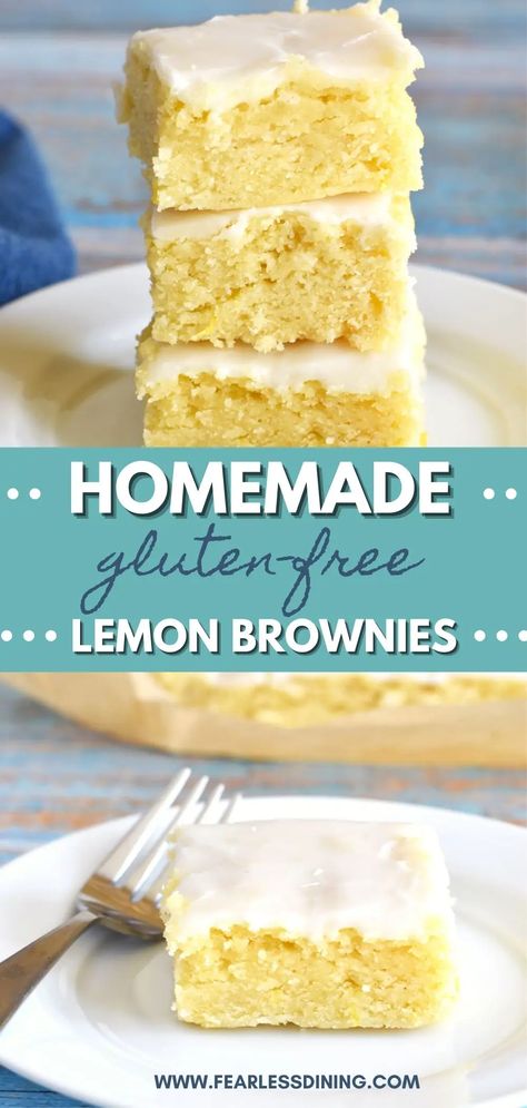 Homemade Gluten Free Desserts, Gf Lemon Brownies, Glutinous Free Desserts, Gluten Free Squares And Bars Recipes, Lemon Gluten Free Desserts, Gluten Free Lemon Desserts, Lemony Lemon Brownies, Easy Gluten Free Dessert, Creamy Lemonade