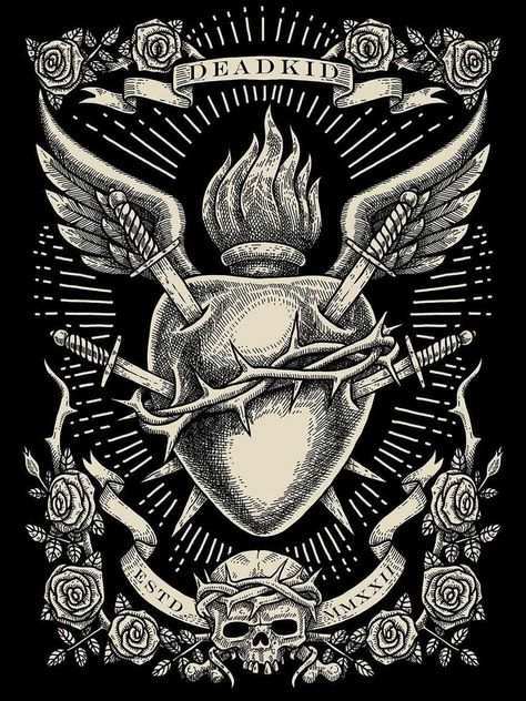 ARTWORK FOR SALE Mexican Sacred Heart Art, Traditonal Tattoo, Sacred Heart Art, Woodcut Art, Jesus Drawings, Skull Art Drawing, Surfboard Art, Heart Illustration, Heart Drawing