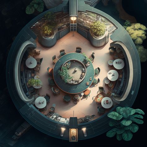 Round Restaurant Design, Futuristic Coffee Shop, Circular Cafe, Restaurant Floor Plan Layout, Circular Restaurant, Futuristic Restaurant, Cafe Plan, Restaurant Layout, Eco House Design