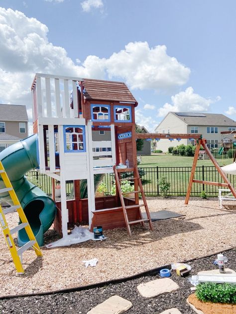 Tami O'Malley - Our White Painted Swing Set: DIY Details and How it's Held Up, Two Years Later! Painted Playhouse, Playset Makeover, Swing Set Diy, Wood Playhouse, Playground Slide, Exterior Wood Stain, Playground Set, Kids Interior Design, Wooden Playset