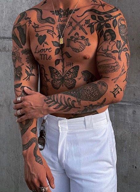 Male Tattoo Models, Men’s Sticker Sleeve Tattoos, Heavily Tattooed Guys, Fully Tattooed Man, Hot Male Tattoos, Bad Guy Tattoo, Sticker Tattoo Men, Bad Boy Tattoo Ideas, Hot Tattoos For Men