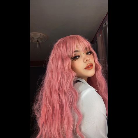 Long Wavy Pink Hair, Long Pink Hair With Bangs, Pink Hair With Bangs, Wavy Pink Hair, Long Pink Hair, Pastel Pink Hair, Hair With Bangs, Hair Inspo Color, Wigs With Bangs