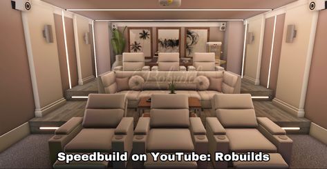 Bloxburg Huge Living Room Ideas, Bloxburg Cinema Room Ideas, Bloxburg Home Cinema, Tall Ceiling Living Room Bloxburg, Movie Theater Room Ideas Bloxburg, Bloxburg Home Theater Ideas, Blocksburg Mansion Ideas, Realistic Bloxburg Pantry, Theater Room Ideas Bloxburg