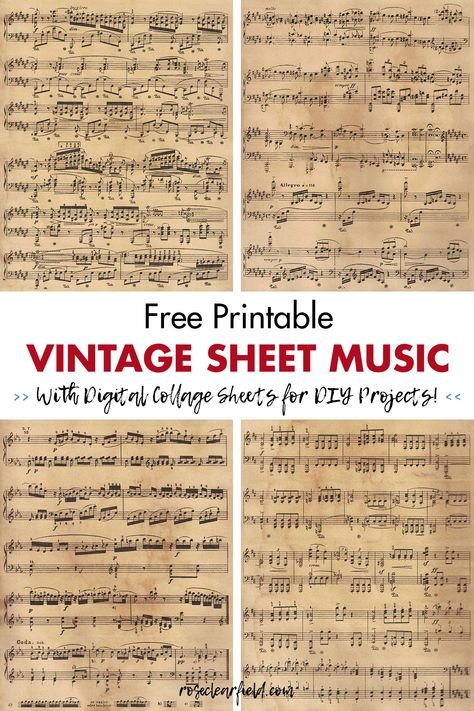 FREE printable vintage sheet music full pages for custom wall art, DIY projects, and much more! Also includes 12 digital collage sheets. #freeprintables #sheetmusic #printablesheetmusic Bookstagram Props, Free Printables Christmas, Vintage Labels Printables, Music Printables, Free Printable Sheet Music, Journaling Printables, Sheet Music Crafts, Hymn Sheet Music, Gratis Printables