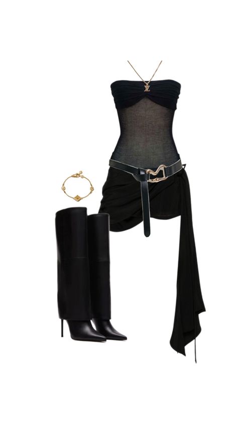 (TikTok @elsfashion) Black boots, party, party outfit, all black, black outfit, gold jewellery, gold jewellery outfit Gold Jewellery Outfit, Black Black Outfit, Jewellery Outfit, Black And Gold Outfit, Boots Party, Black Boots Outfit, Fall Outfit Ideas, Jewellery Gold, Outfit Trends