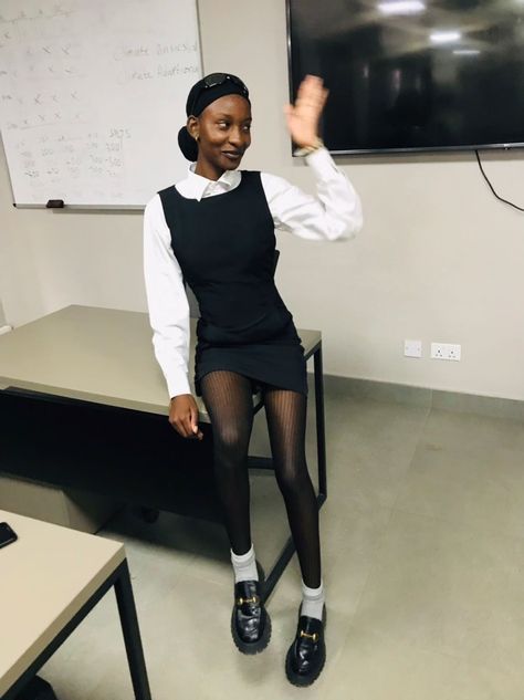 Black short dress 
 Chucky Loafers 
Pretty black girl Loafers Outfit Black Women, Loafers For Women Outfit Dress, Oxford Outfits Women, Dress And Loafers Outfit, University Ootd, How To Wear Loafers Women, Loafers Outfit Work, Platform Loafers Outfit, Loafer Outfits Women