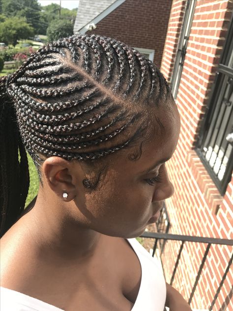 Feedin Cornrows into a low ponytail Cornrows Into Low Ponytail, Cornrow Into A Ponytail, Cornrow Low Ponytail, Low Cornrow Ponytail, Cornrow Ponytail With Heart, Angel Hairstyles, Cornrow Faux Hawk, Hairstyles Pony, Feedin Ponytail