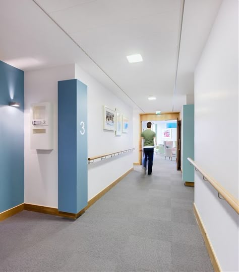 Corridor - use paint to color block Hospital Painting Ideas, Hospital Interior Design Medical, Hospital Corridor Design, Hospital Corridor, Hospital Signage, Hospital Design Architecture, Healthcare Interior Design, David Walker, Nursing Room