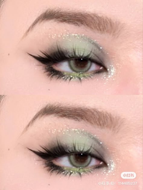 Sparkly Green Eye Makeup, Soft Green Eyeshadow Looks, Dark Green Douyin Makeup, Sage Green Douyin Makeup, Enchanted Forest Prom Makeup, Pastel Green Makeup Looks, Green And White Makeup Looks, Sage Green Prom Makeup, Fairy Green Makeup