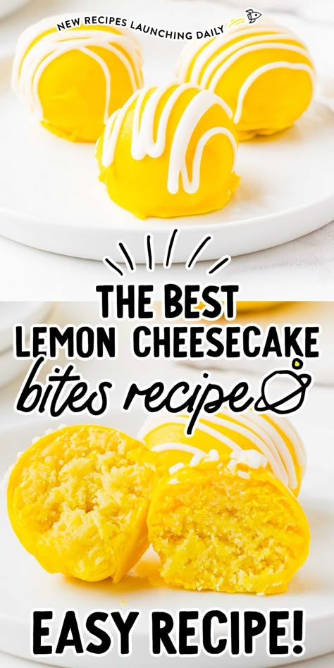 Lemon Cheesecake Balls, Lemon Cake Pops Easy, Lemon Cake Balls Recipe, Cheesecakes Bites, Lemon Cake Balls, Lemon Cheesecake Bites, Lemon Desert, Lemon Cake Pops, Cake And Cheesecake