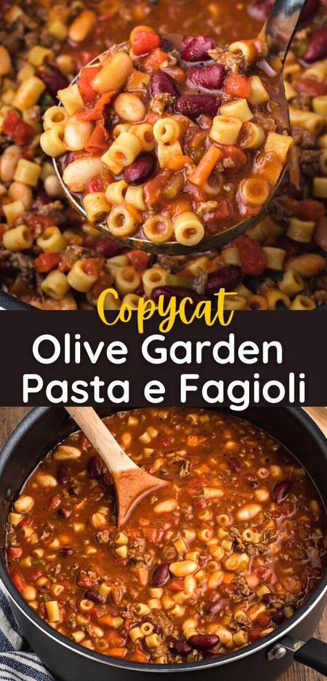 Enjoy the hearty flavors of Italy at home with our Copycat Olive Garden Pasta e Fagioli Recipe, where a rich tomato-based soup is filled with ground beef, beans, and pasta for a comforting and satisfying meal.For more Italian-inspired recipes and culinary inspiration, follow us and savor the tastes of your favorite restaurant dishes in your own kitchen! Olive Garden Pasta Fagioli Recipe, Copycat Olive Garden Pasta, Pasta Fagioli Soup Recipe, Olive Garden Pasta, Garden Pasta, Pasta Fagioli Recipe, Pasta Fagioli Soup, Copycat Olive Garden, Homemade Soup Recipe