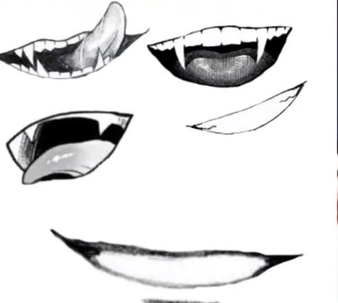 Smirking Mouth Drawing, Seductive Face Expression Drawing, Smile With Fangs Drawing, Knife In Mouth Reference, Fang Smile Drawing, Demon Smile Drawing, Wink Pose Reference, Vampire Mouth Drawing Anime, Villain Smile Reference