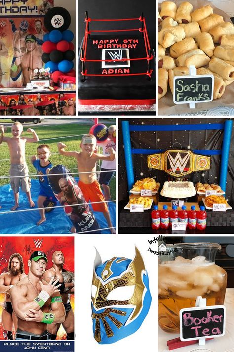 a photo collage of wrestling party food, games and decorations Wrestling Party Ideas, Wrestling Birthday Party, Wrestling Birthday Cakes, Wrestling Birthday Parties, Wrestling Cake, High School Wrestling, Wrestling Birthday, Wrestling Party, Wwe Birthday Party