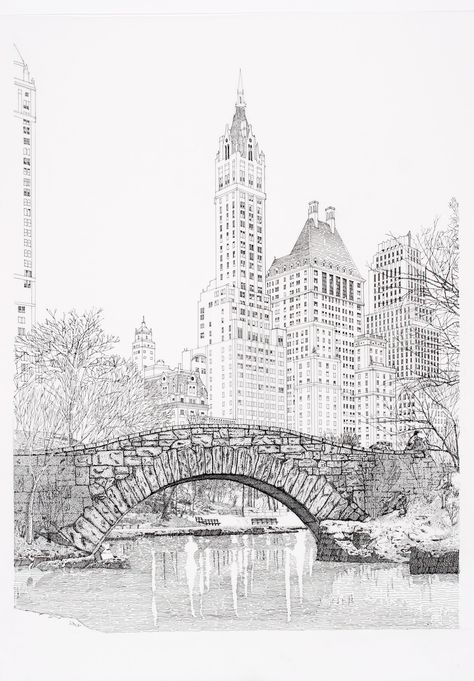 Central Park by Sonny Perschbacher Central Park Sketch, New York Drawing Sketches, Central Park Tattoo, New York City Drawing Sketches, Central Park Drawing, Central Park Illustration, Nyc Sketch, New York Sketch, Skyline Sketch