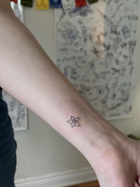 star tattoo stargirl minimal tattoo small minimalistic simplistic tattoo downtown girl Star With Swirls Tattoo, Tv Girl Tattoo, Mazzy Star Tattoo, Stargirl Tattoo, Downtown Tattoo, Simplistic Tattoo, Swirl Tattoo, Star Tattoo, Mazzy Star