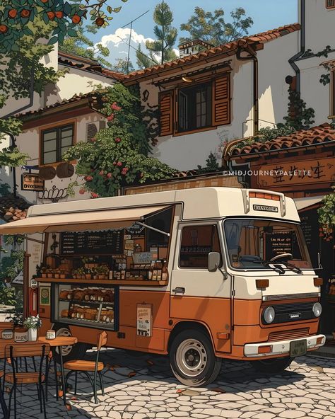 Life's ✨️better✨️ with a coffee break Share your thoughts below 👇 Created by: @midjourneypalette 🎨 ❌️Watermark removal from images is not allowed #midjourney #aiart #coffee #citystreets #travelphotography #travel #midjourneyart #midjourneyai Taco Truck Drawing, Coffee Truck Design, Soup Truck, Food Truck Aesthetic, Coffee Bus, Car References, Urban Illustration, Drive Thru Coffee, Blender Models