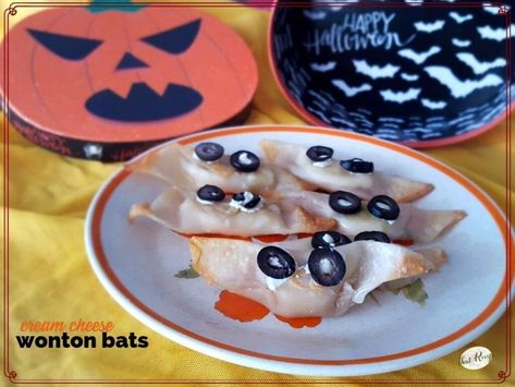 Wonton Bats, Gluten Free Wonton Wrappers, Halloween Party Recipes, Mummy Cookies, Halloween Rice Krispie Treats, Halloween Party Appetizers, Cream Cheese Wontons, Cheese Wontons, Olive Relish