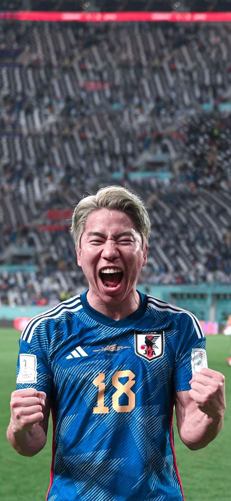 Japan's National Football Team's Takuma Asano scores & celebrates a goal in a 2-1 win against Germany [Group E, Match1] Takuma Asano, Japan Football, Birth Art, Team Wallpaper, 2022 Fifa World Cup, Drawing Now, National Football Teams, World Cup 2022, Football Wallpaper