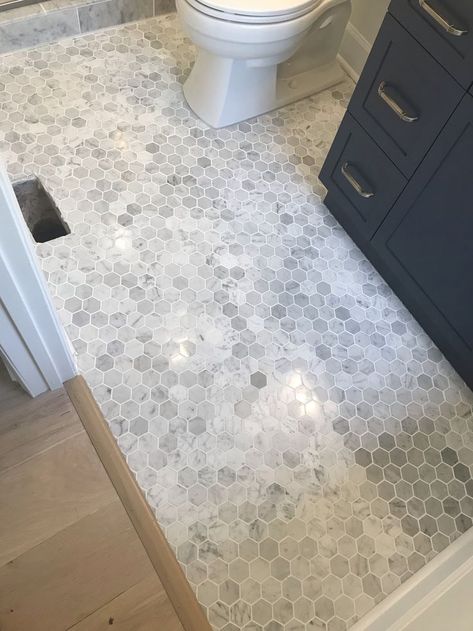 Powder Room Mosaic Tile Floor, Marble And Mosaic Bathroom, Powder Room Flooring Ideas Tile, Marble Tile Wall Bathroom, Hexagon Marble Floor Bathroom, Bathroom Flooring Ideas Not Tile, Marble Honeycomb Tile Bathroom, Gray Marble Floor Bathroom, 2023 Bathroom Showers