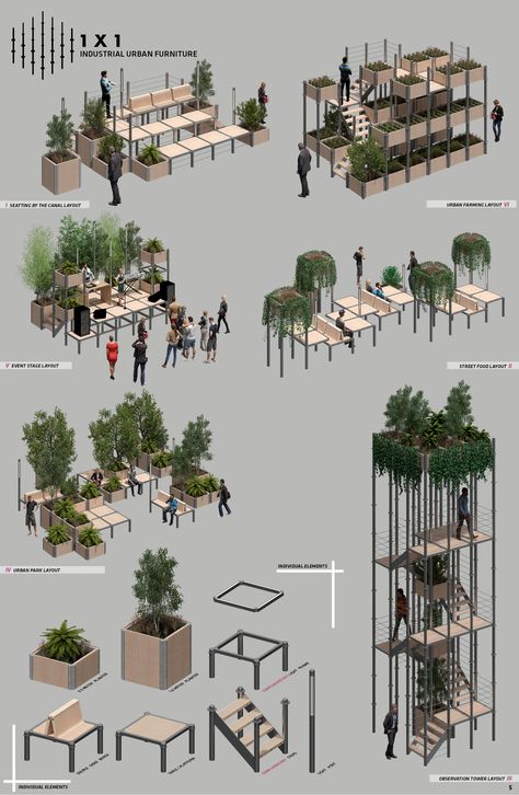 1x1 Industrial Urban Furniture | Prototyping Project Urban Spaces Design, 3d Grid, Urban Furniture Design, Urban Design Concept, New Urbanism, Pocket Park, University Architecture, Public Space Design, Architecture Design Sketch