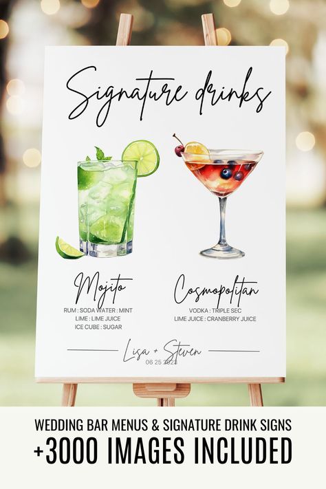 Explore our collection of bar signs, including His and Her Cocktail Sign, Signature Drinks Sign Template, Signature Cocktail Sign, Barsign, and His and Her Drink Sign. Plus, enjoy a vast selection of +3000 drink images to enhance your options. Wedding Bar Menu Template, Signature Wedding Drinks Sign, Cocktail Design, Signature Drink Sign, Cocktail Sign, Drinks Sign, Signature Cocktail Sign, Wedding Signature Drinks, Bar Menu Wedding